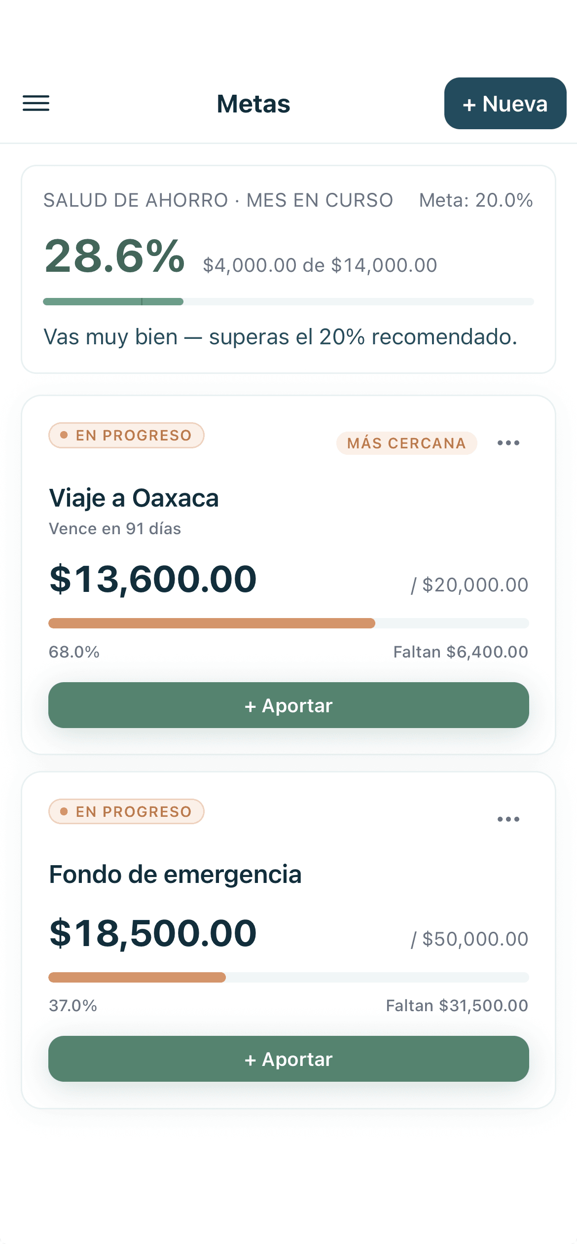 Pantalla de metas de Savia Wallet